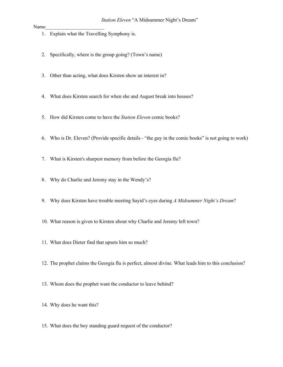 Quiz on 'A Midsummer Night's Dream': 15 written questions on the Travelling Symphony, Kirsten and the prophet