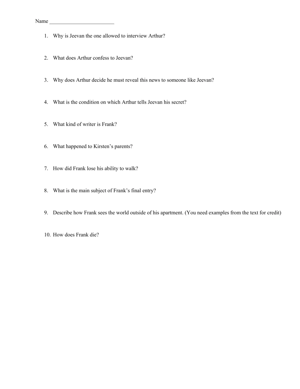 Toronto reading quiz asks 10 questions about Jeevan's interview with Arthur, Kirsten's parents, and Frank's life.