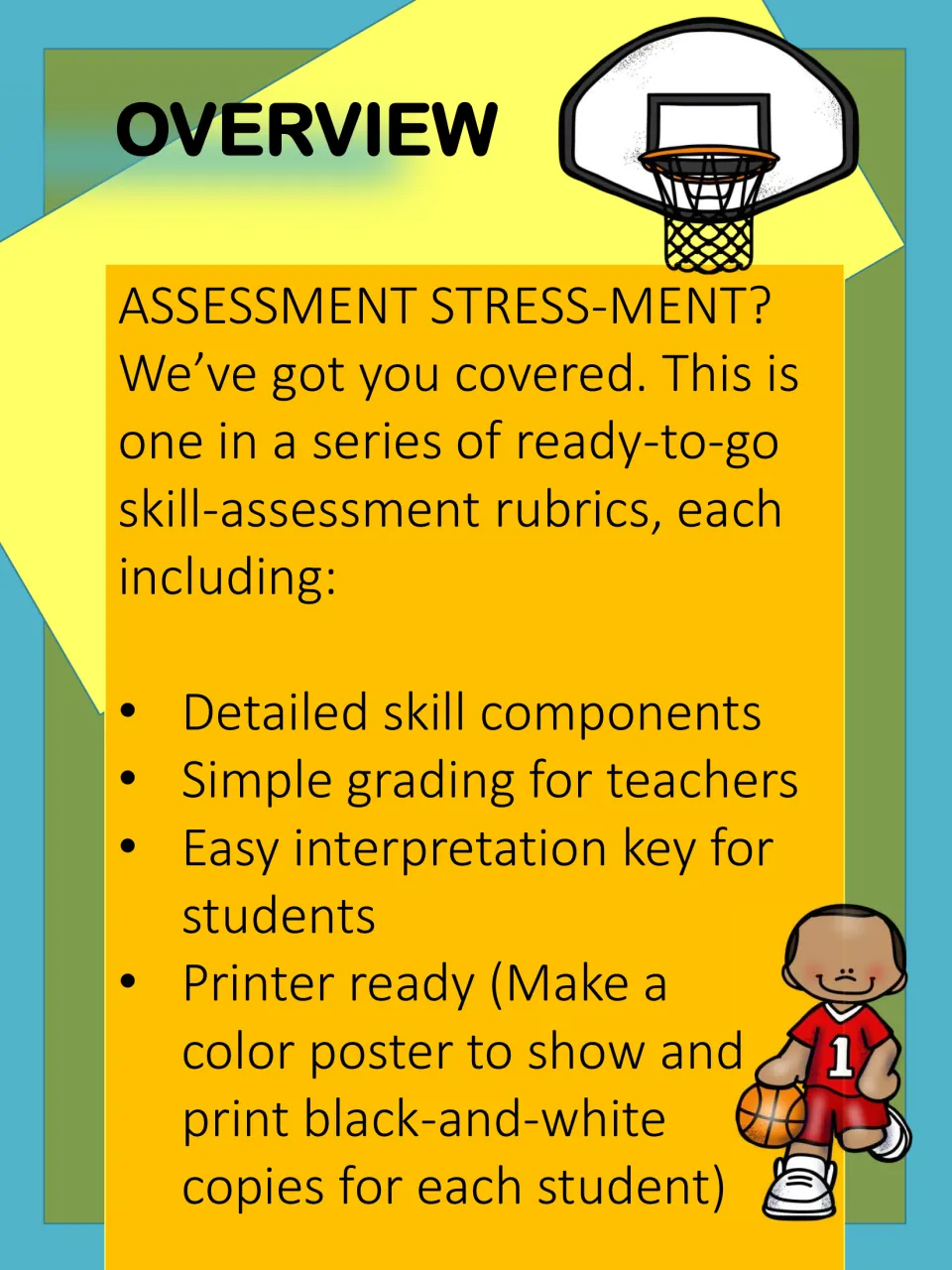 Color overview lists skill components, teacher grading, a student interpretation key, and printing options.