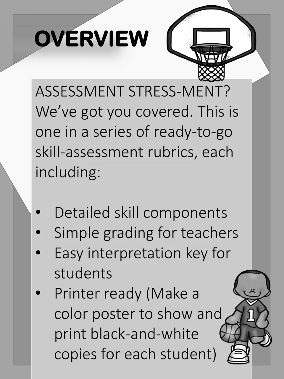Black-and-white overview lists skill components, grading, a student interpretation key, and printing options.