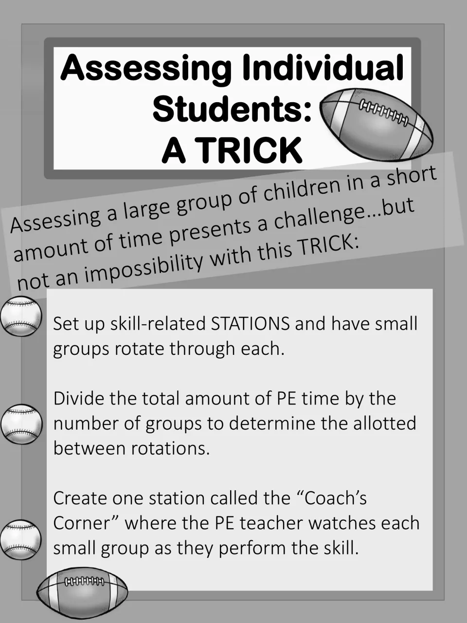 Black-and-white assessment guide explains station rotations and a Coach’s Corner for observing small groups.