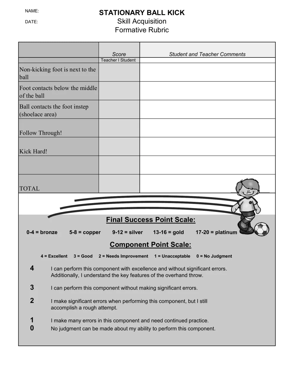 Black-and-white kicking rubric includes five criteria, teacher/student scores, comments, and a 20-point total scale.