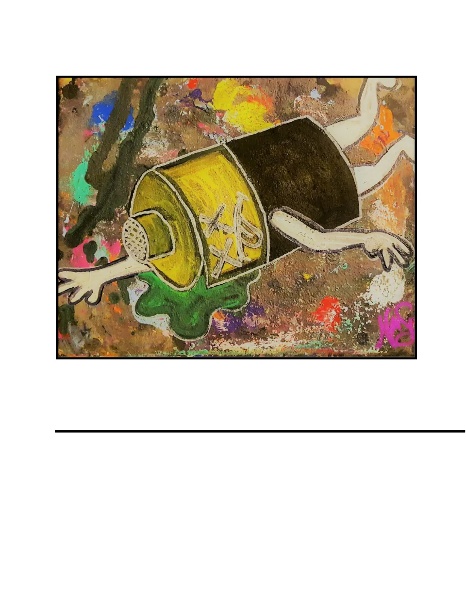 Cover painting of a yellow and black can-shaped figure with arms and X eyes, lying on its side by a green spill