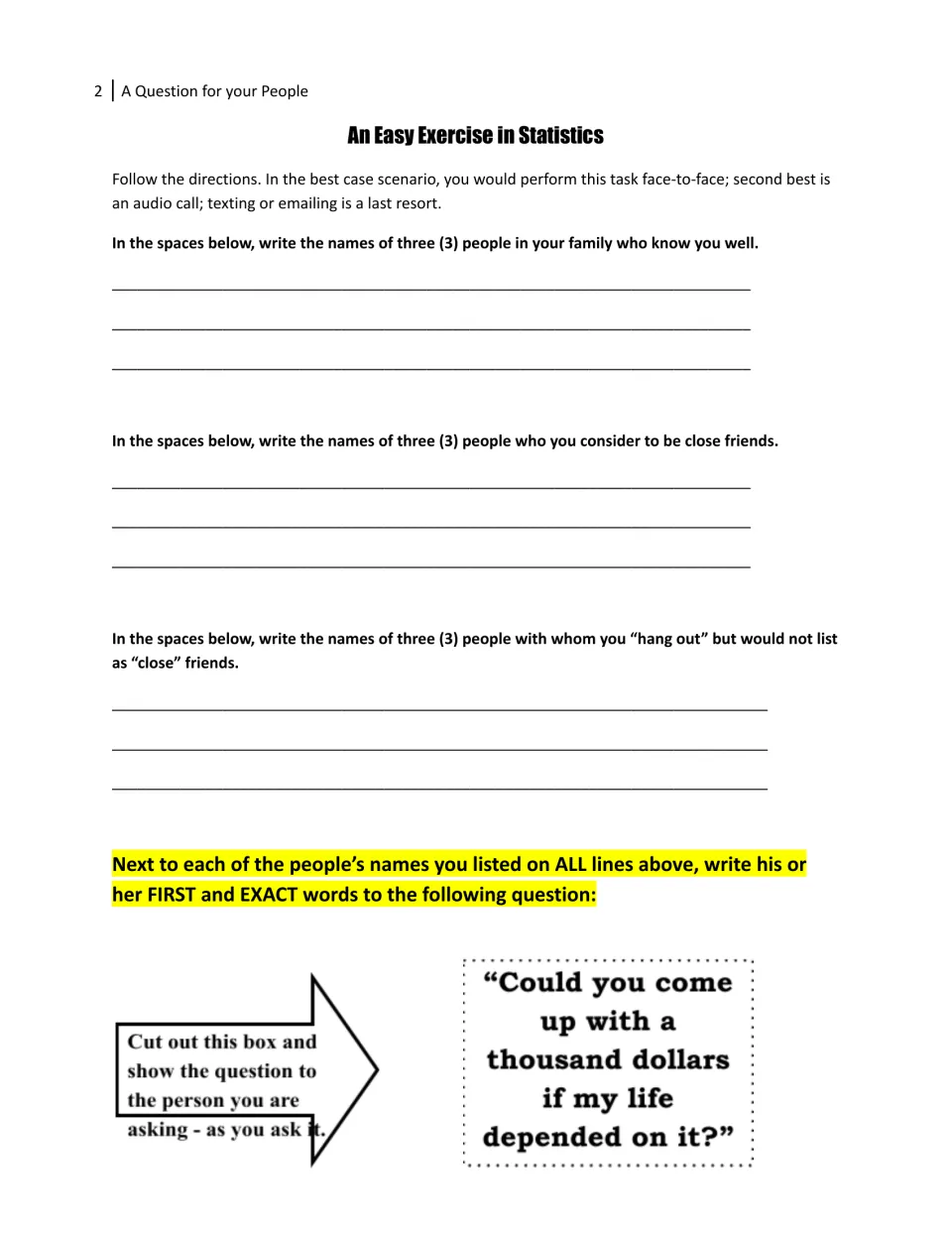 Survey task: students list 3 family members, 3 close friends and 3 acquaintances, then record each one's exact reply