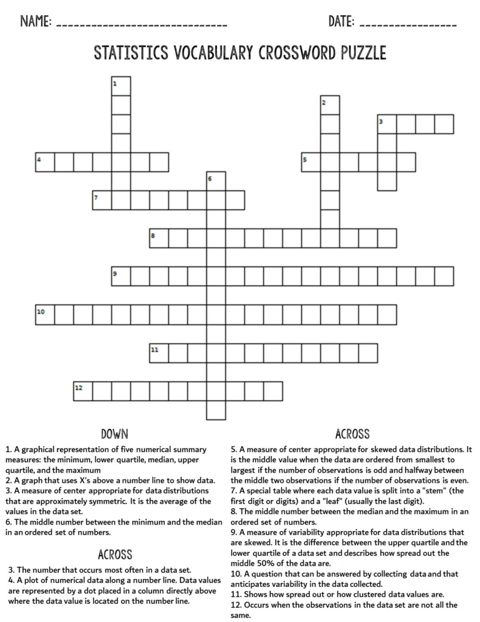 Statistics vocabulary crossword: students answer 13 down and across clues defining measures of center, spread and data plots