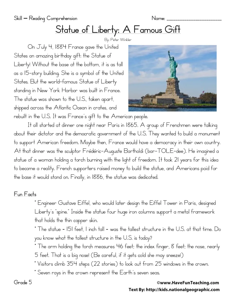 Statue of Liberty reading passage: students read about France's 1884 gift, its 1865 origin and the Fun Facts list