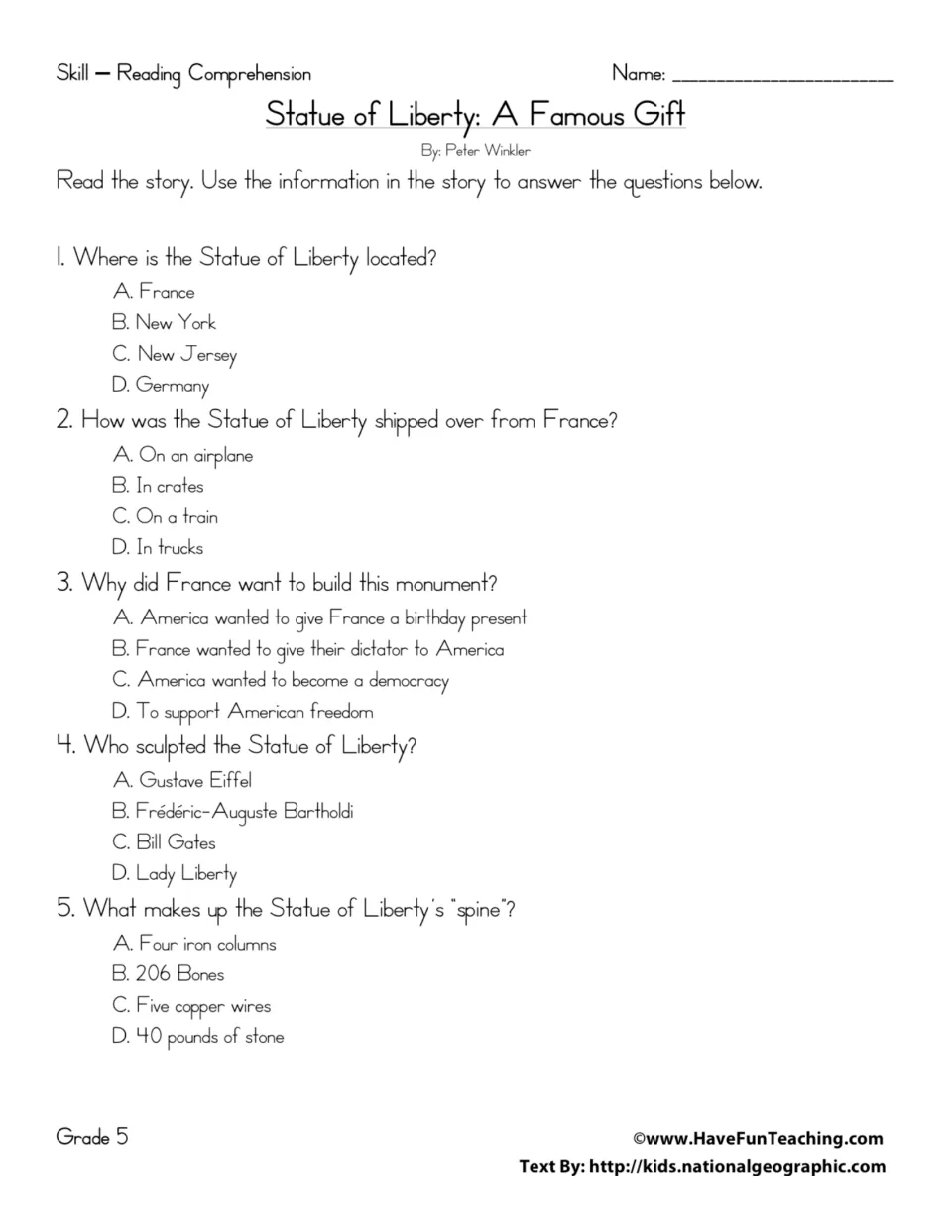 Statue of Liberty comprehension questions: students answer 5 multiple-choice items on location, shipping and sculptor