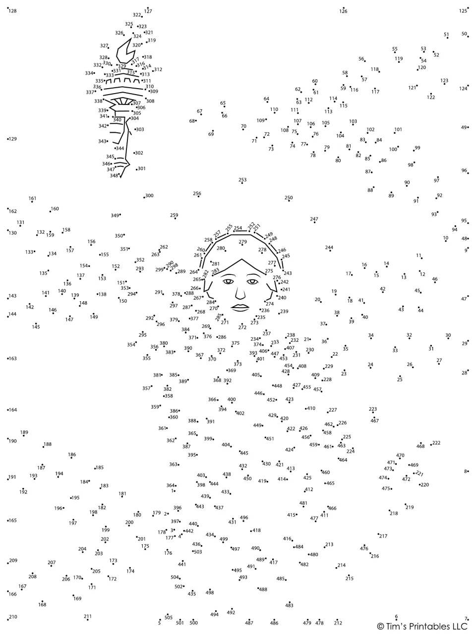 Statue of Liberty dot-to-dot puzzle with dots numbered 1–505 and details of the face, crown, and torch.