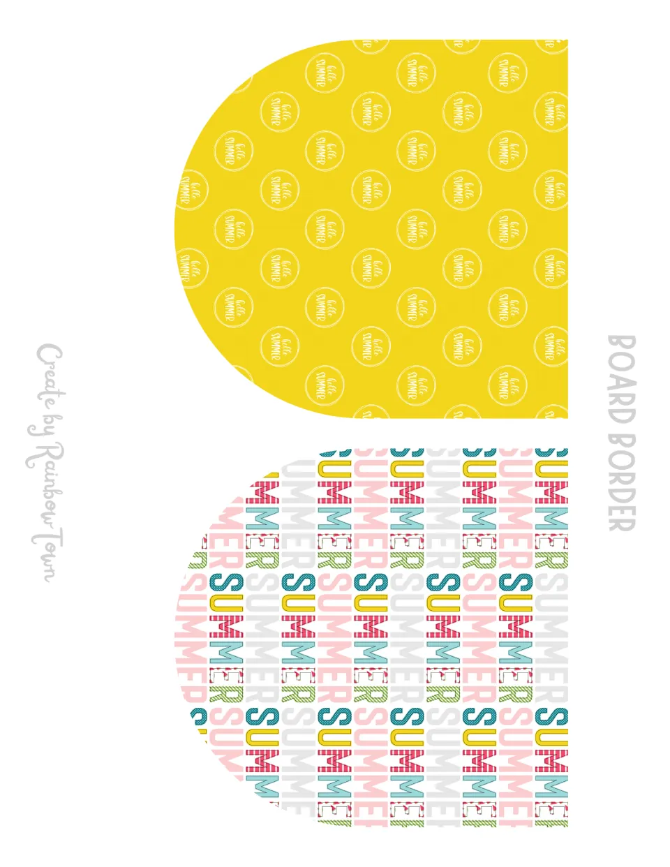 Board border: two rounded strips to cut out, one yellow with 'hello summer' stamps and one repeating the word SUMMER