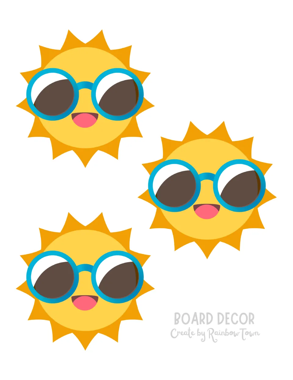 Board decor: three smiling cartoon suns wearing round blue sunglasses, ready to cut out and pin around a summer display