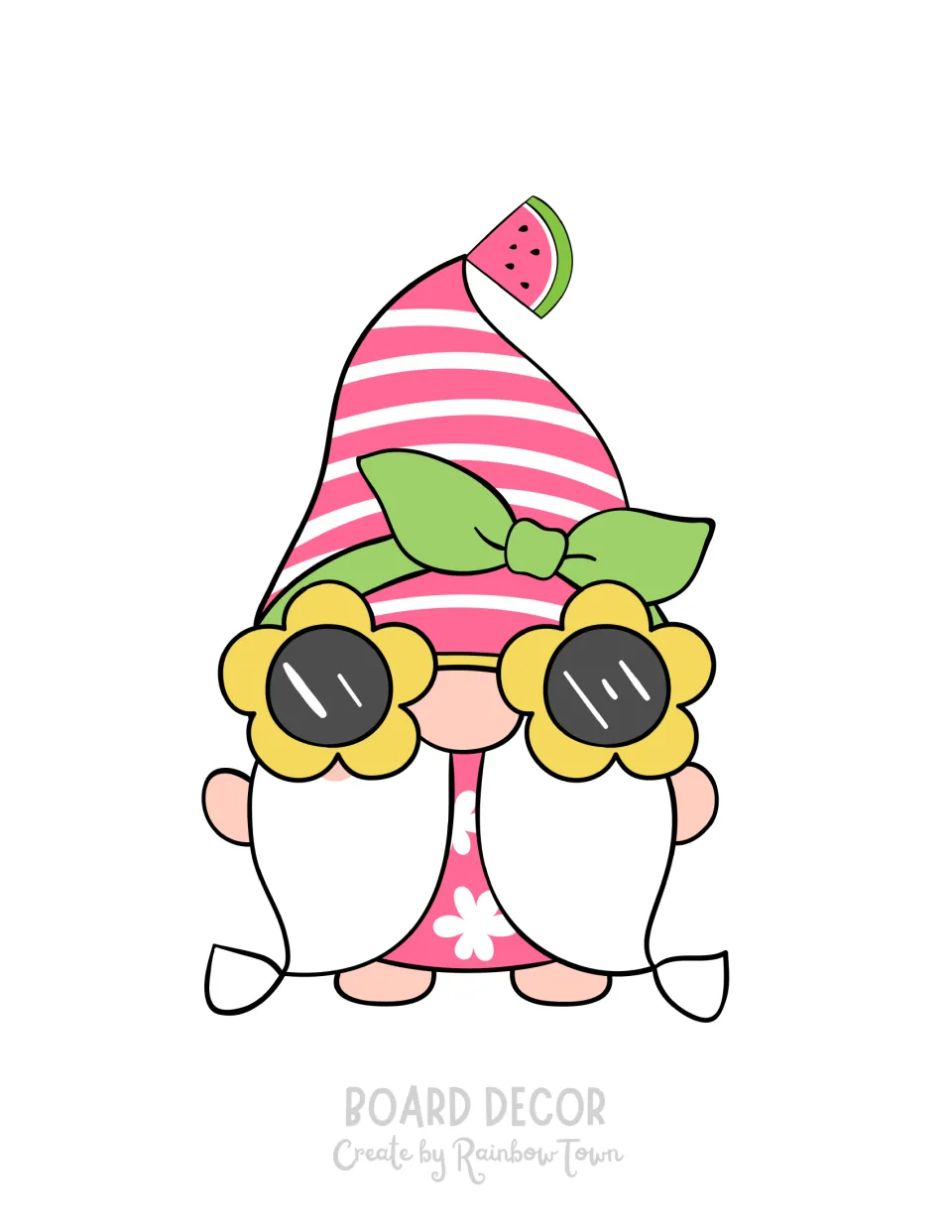 Board decor: gnome in a pink striped hat with a watermelon tip, green bow and yellow flower-shaped sunglasses to cut out