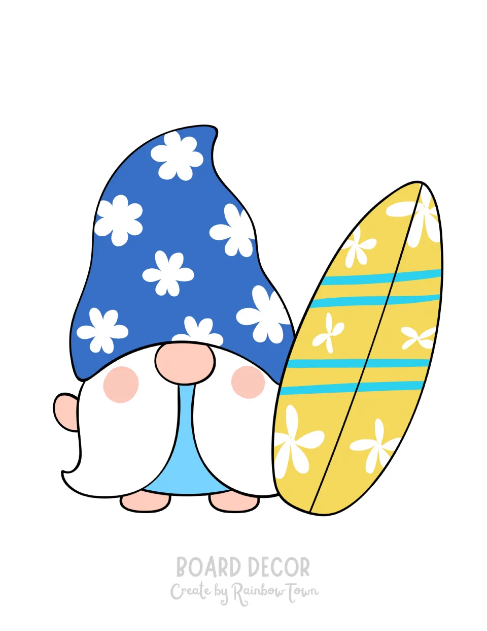 Board decor: gnome in a blue hat with white flowers standing beside a yellow surfboard with blue stripes, for cutting out