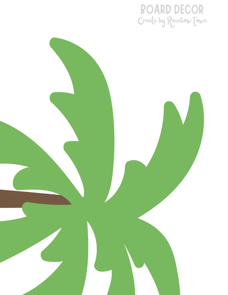 Board decor: cut-out piece showing a large spray of green palm fronds and a bit of trunk, part of a palm tree across pages