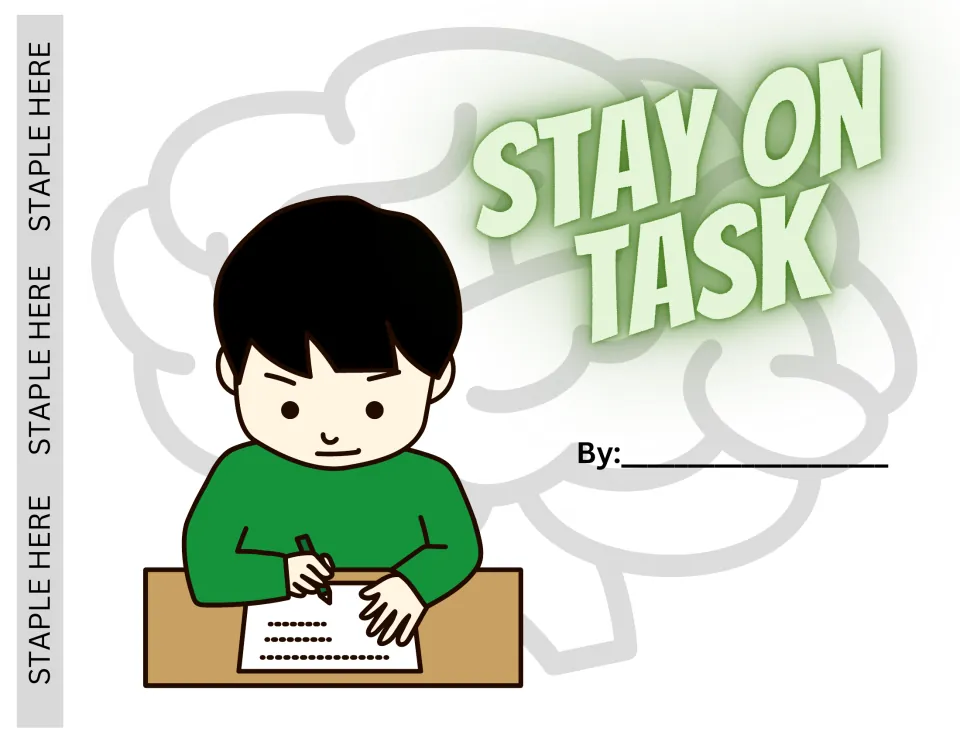 Book cover: students write their name on the By line under a picture of a boy writing at his desk beside the title