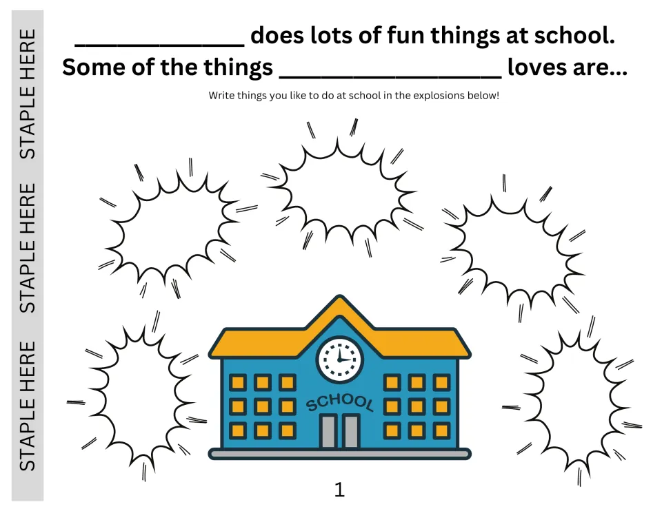 Fun things at school: students add their name and write activities they enjoy in five burst shapes around a school