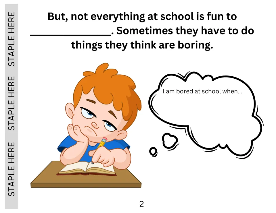 Feeling bored at school: students finish the thought bubble 'I am bored at school when...' beside a bored boy at a desk