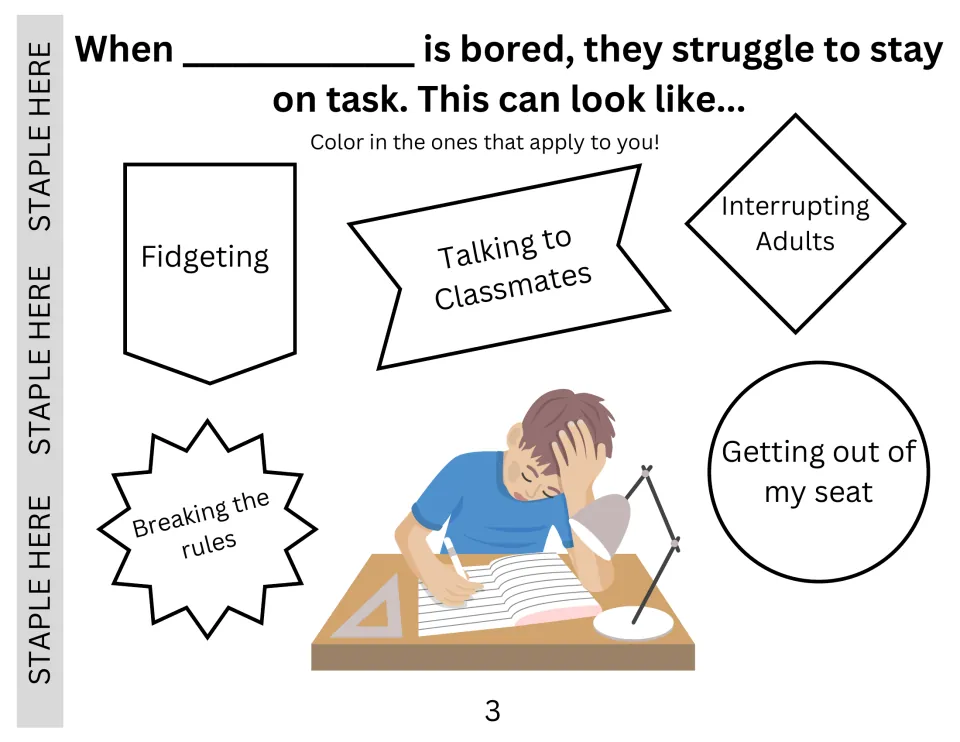 Off-task behaviors: students color the ones that apply, such as fidgeting, talking to classmates or getting out of seat