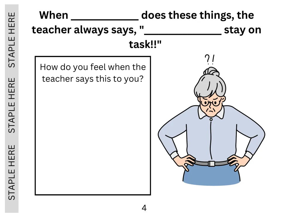 When the teacher says 'stay on task': students write how they feel hearing it, beside a frowning teacher