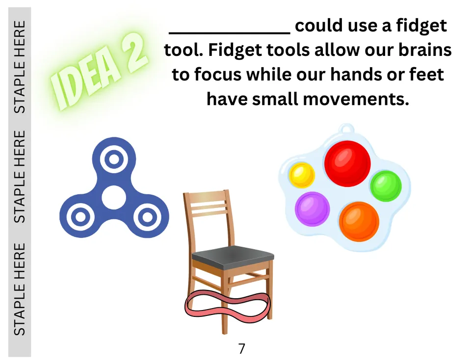 Idea 2, use a fidget tool to help the brain focus, shown with a spinner, a pop-it toy and a chair with a foot band