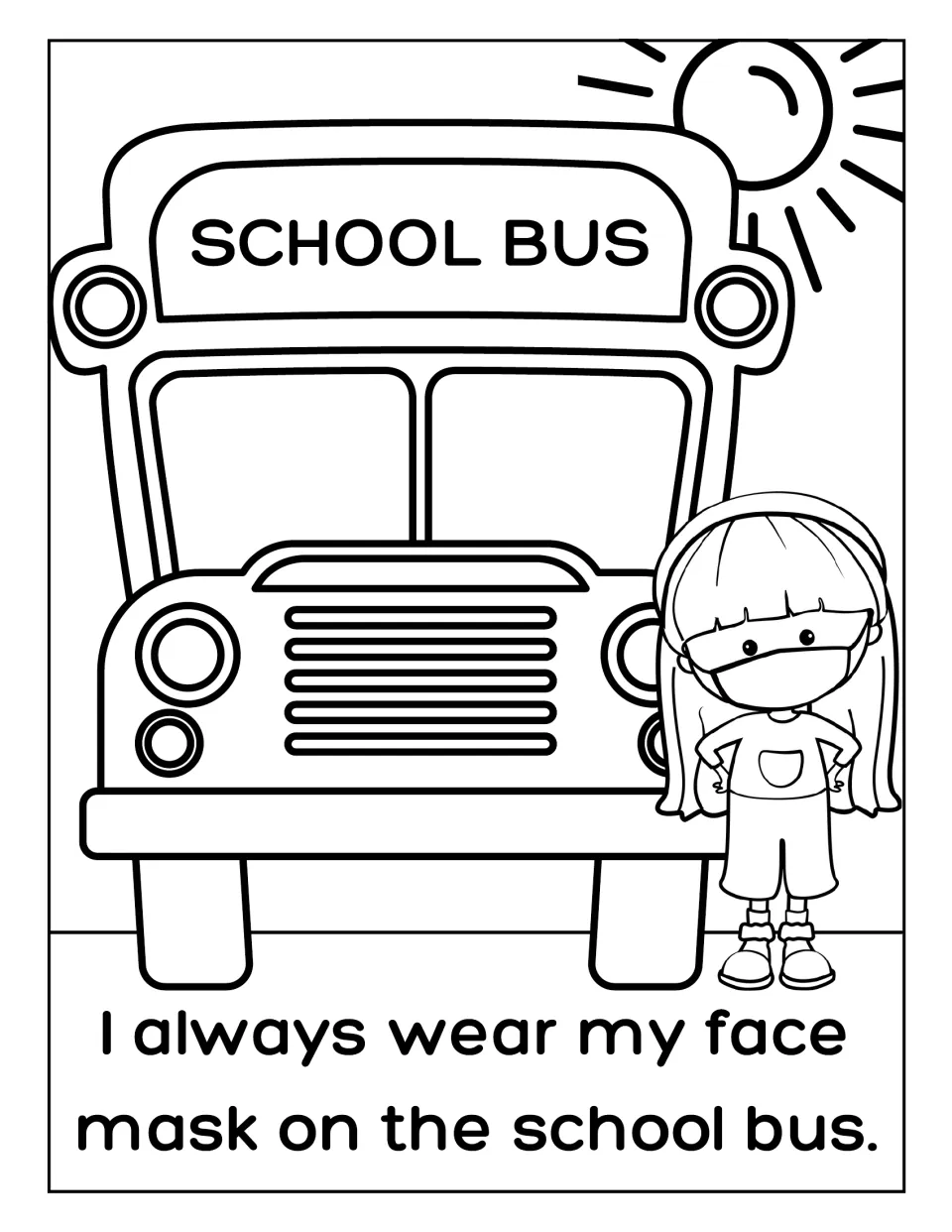 Bus mask rule coloring page: students color a girl in a face mask standing beside a school bus under a sunny sky