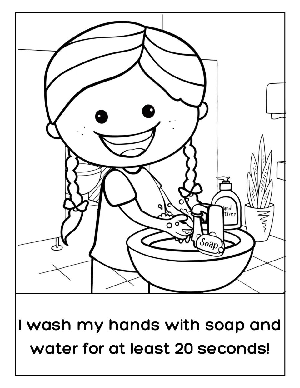 20-second handwashing: students color a girl with braids lathering her hands at a sink beside soap and hand sanitizer