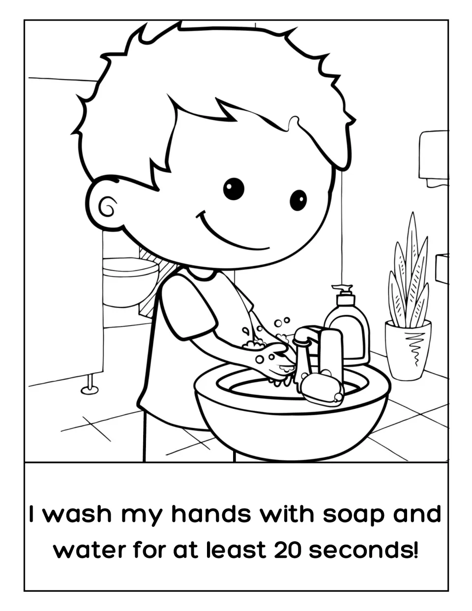 20-second handwashing: students color a smiling boy scrubbing soapy hands at a restroom sink next to a pump bottle