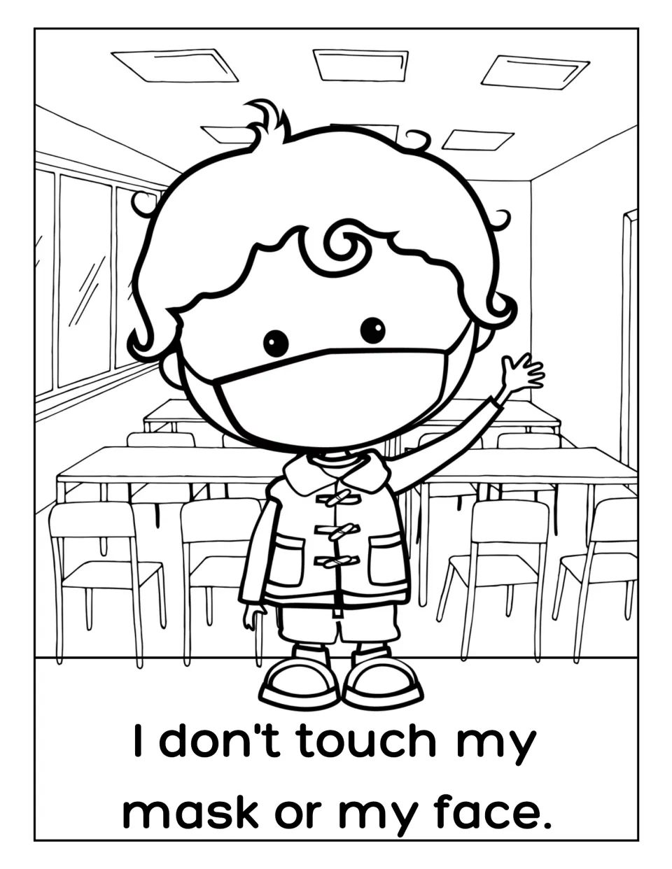Hands off mask and face: students color a masked boy in a buttoned vest waving in a classroom with desks and chairs