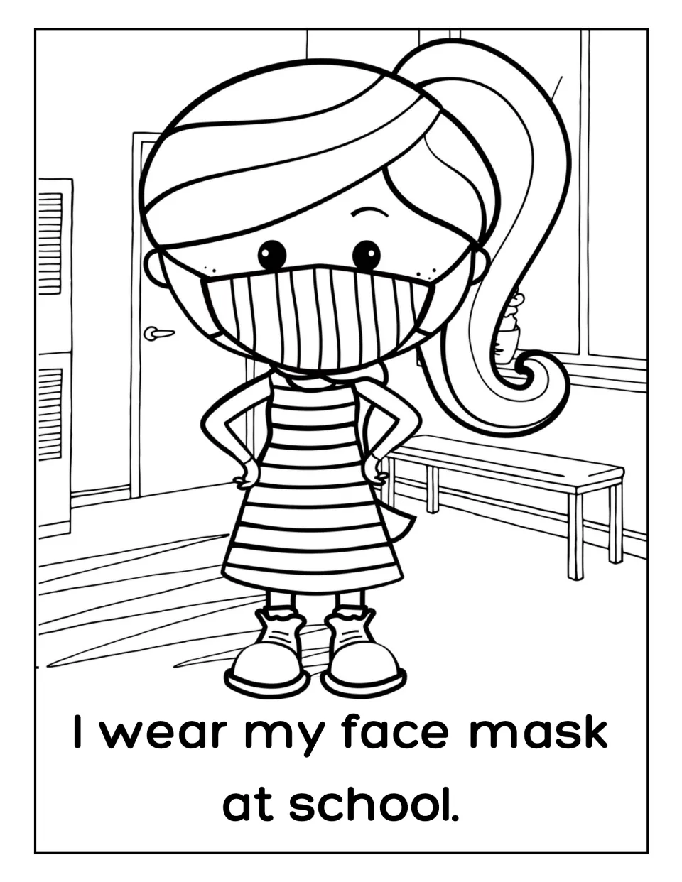 Mask at school coloring page: students color a girl in a striped mask and striped dress standing near a hallway bench