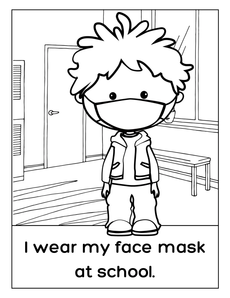Mask at school coloring page: students color a boy in a face mask and vest standing in a room by a door and a bench