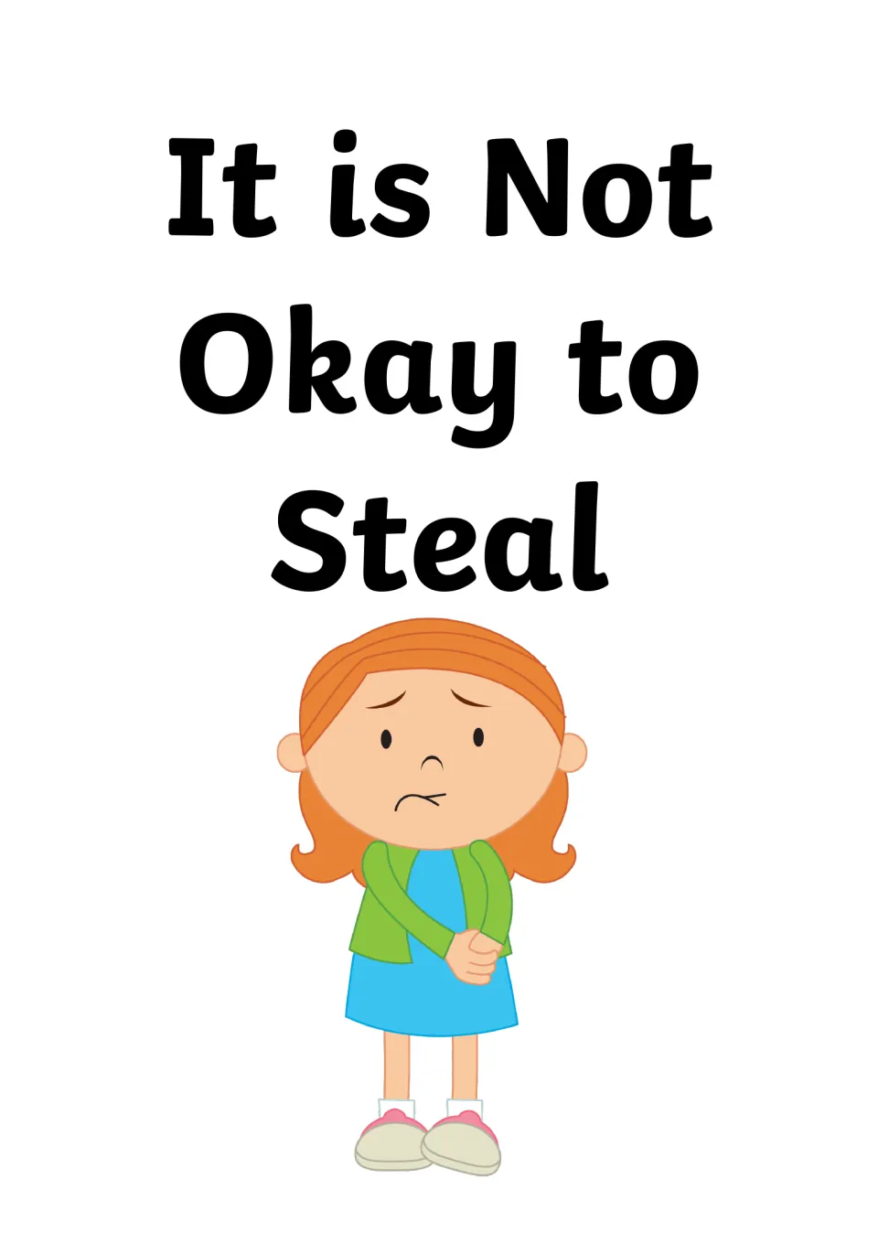 It is Not Okay to Steal cover: social story title above a worried girl in a green cardigan clasping her hands