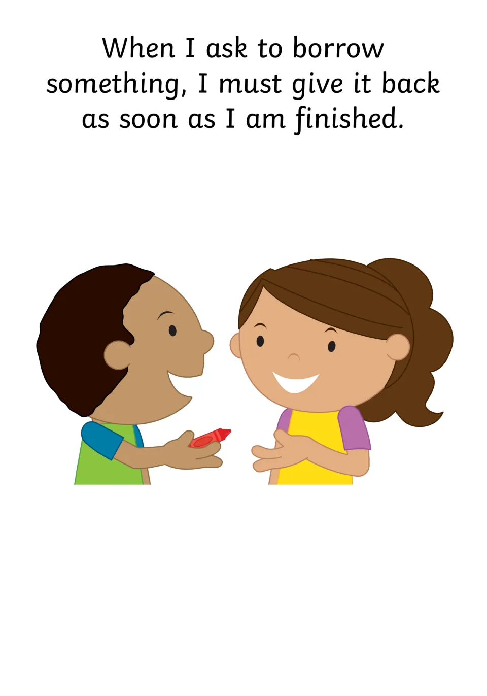 Returning borrowed items: text says to give something back as soon as I am finished, with two children sharing a crayon