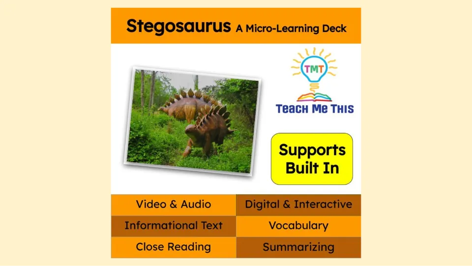 Cover of the Stegosaurus micro-learning deck, listing video, audio, vocabulary, close reading, and summarizing