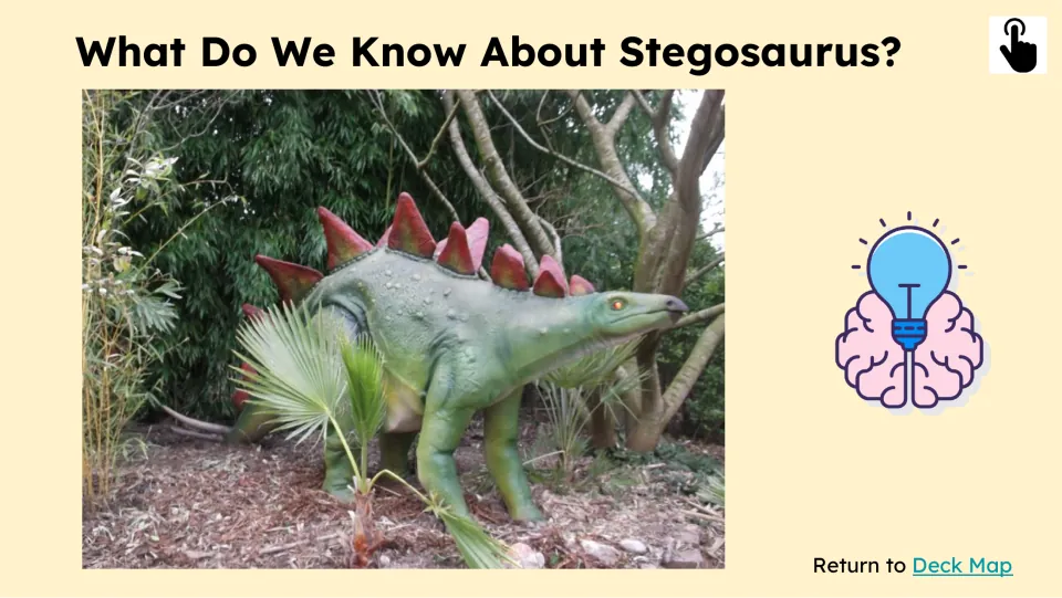 Prior-knowledge slide pairs 'What Do We Know About Stegosaurus?' with a photograph of a dinosaur model