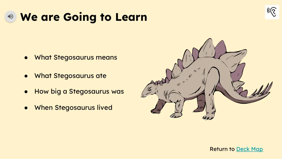 Learning preview names four topics: what Stegosaurus means, what it ate, how big it was, and when it lived