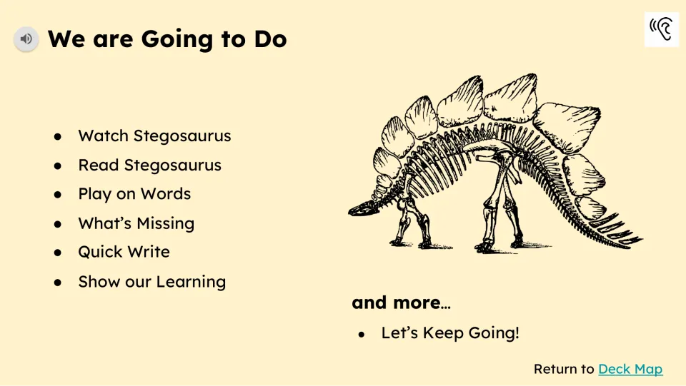 Activity preview lists watching, reading, Play on Words, What's Missing, Quick Write, and Show our Learning