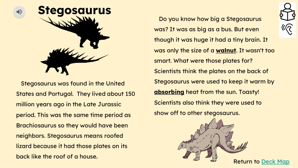 Reading passage introduces Stegosaurus fossil locations, Jurassic timing, name meaning, size, brain, and plates