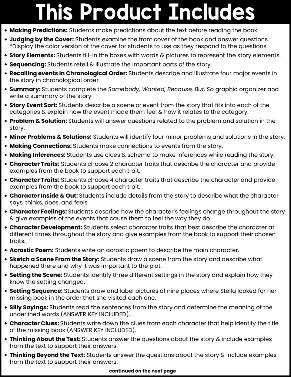 Contents list, part 1: prediction, cover study, story elements, sequencing, summary, character traits and setting tasks