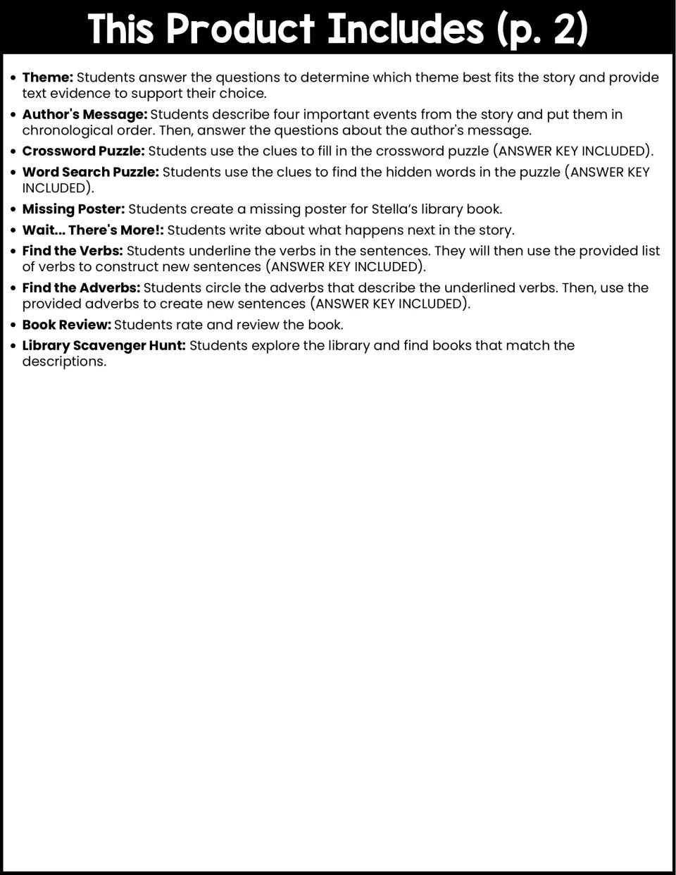 Contents list, part 2: theme, author's message, crossword, word search, verbs, adverbs, book review and library hunt