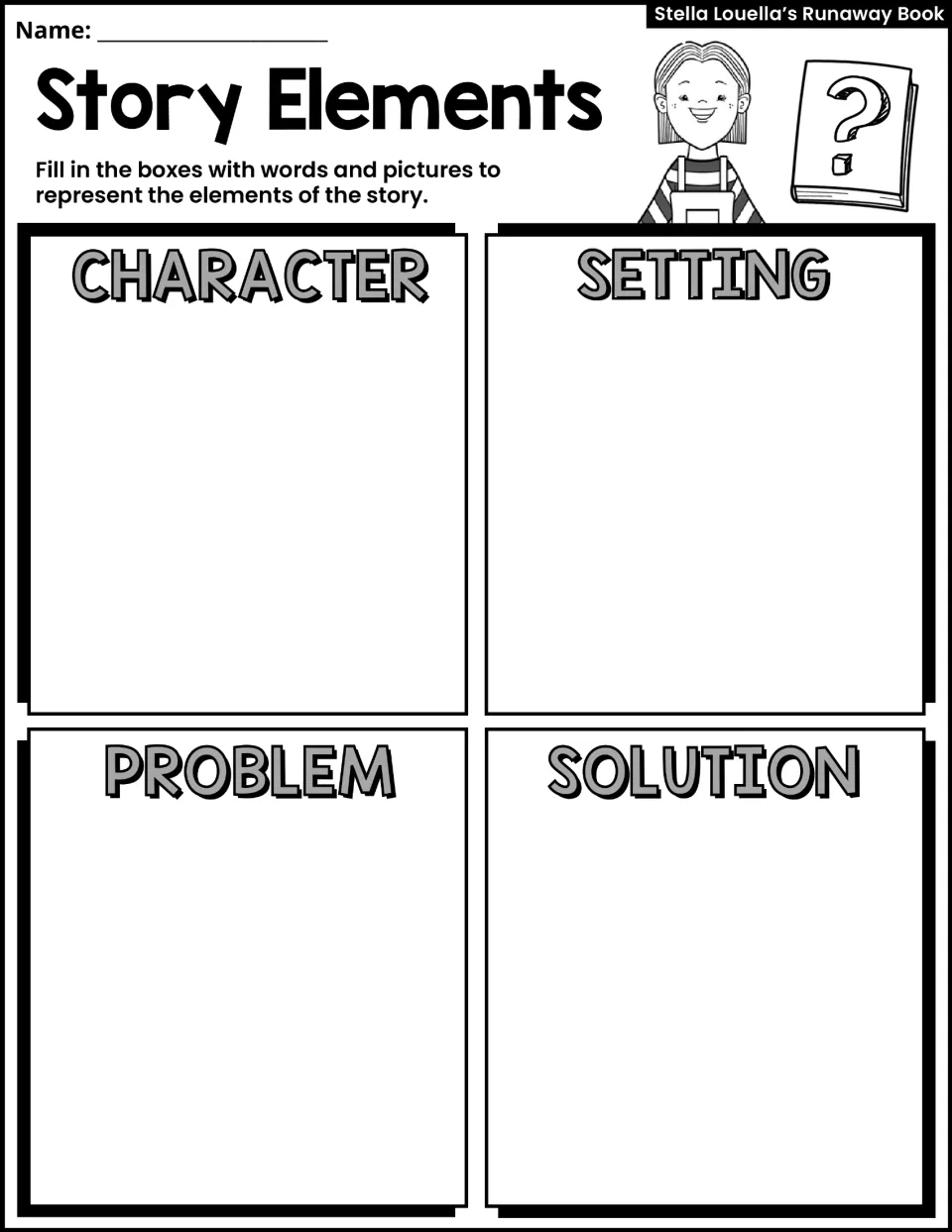 Story Elements: students use words and pictures to record the character, setting, problem and solution of the story