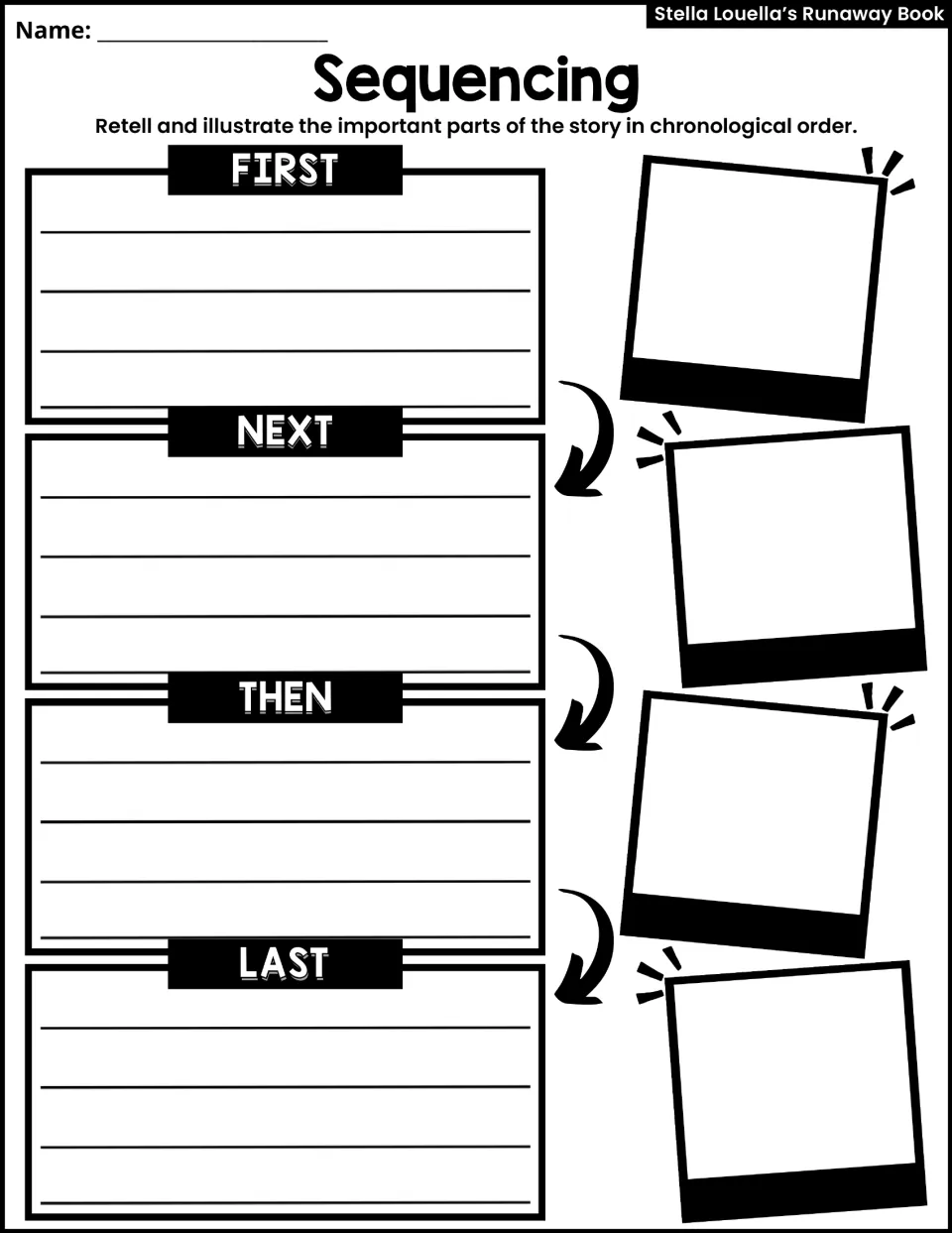 Sequencing: students retell and illustrate the story's important parts in First, Next, Then and Last order