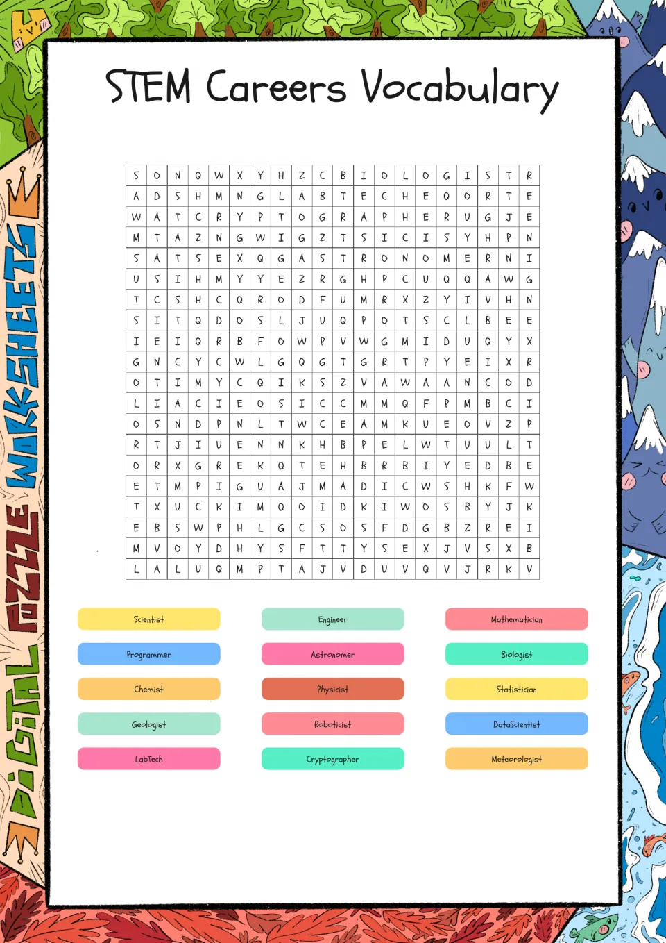 STEM careers word search: students find 15 job names such as Scientist, Engineer, Astronomer and Cryptographer