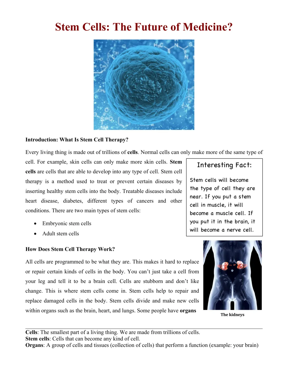Science reading opening: stem cell therapy, embryonic and adult stem cells, and how therapy works.