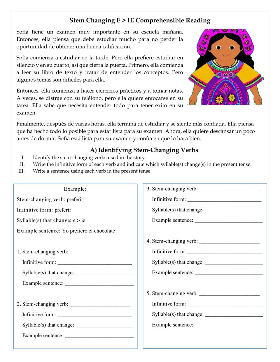 Spanish e>ie reading on Sofía's exam study; students find stem-changing verbs, give infinitives and write sentences
