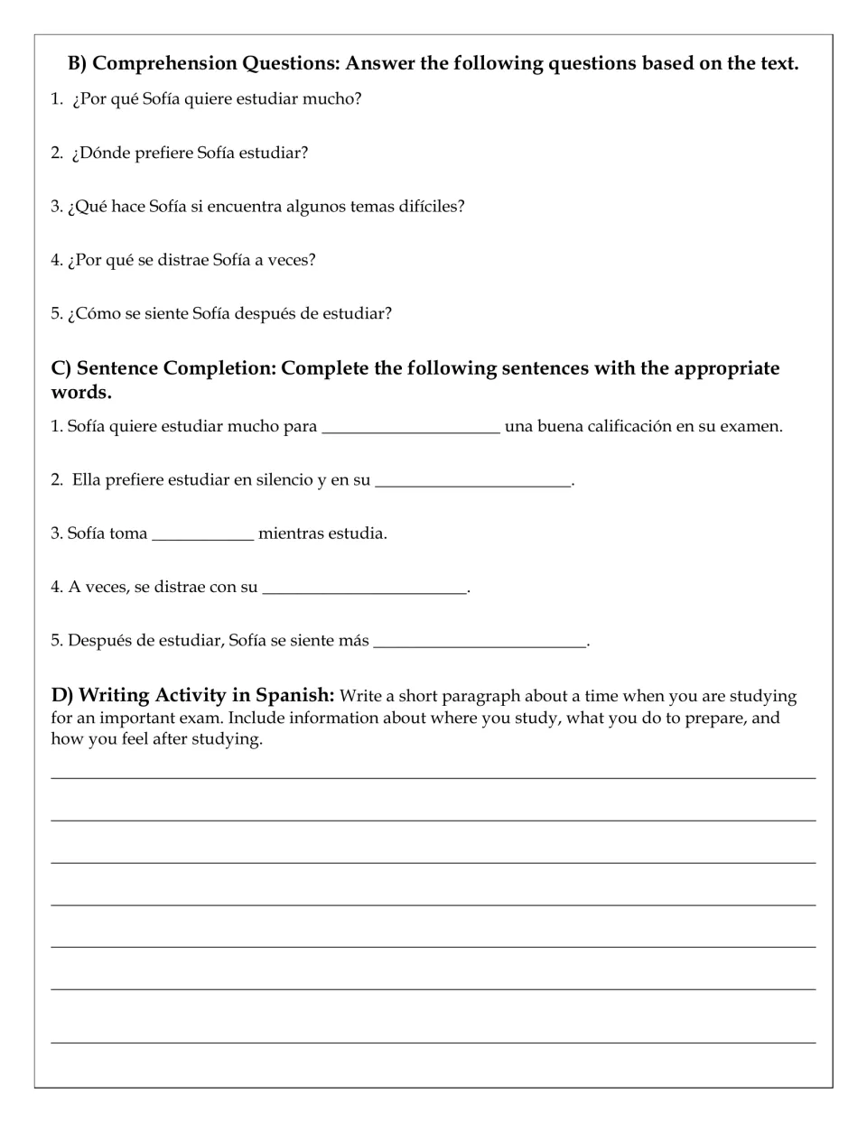 Sofía story follow-up: five Spanish comprehension questions, five fill-in sentences and a paragraph about studying