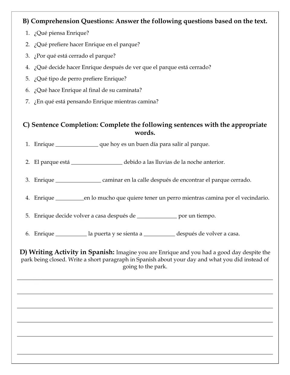Enrique story follow-up: seven Spanish comprehension questions, six verb fill-ins and a paragraph written as Enrique