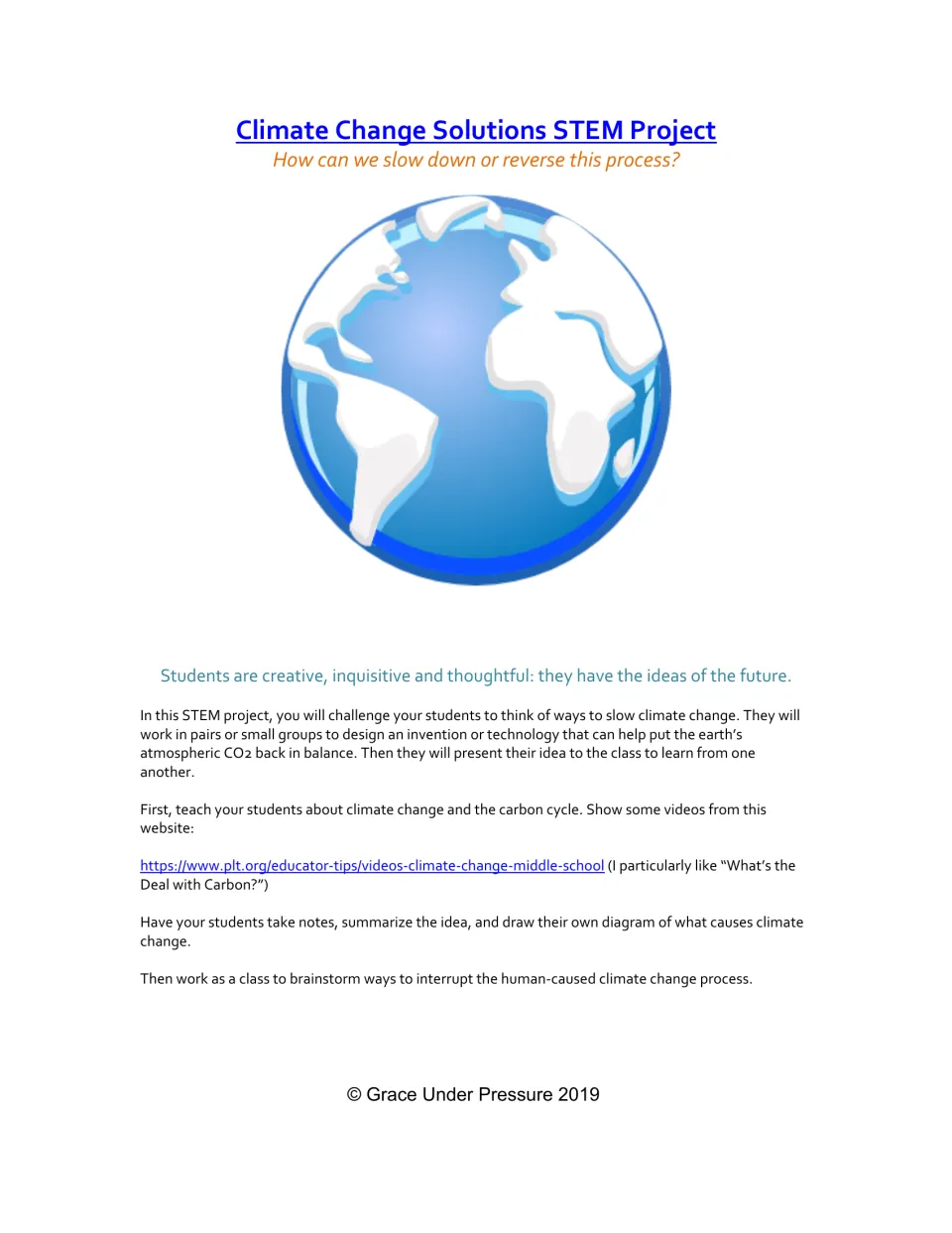 Climate Change Solutions STEM Project title page with a globe and teacher overview: groups design an invention to cut CO2