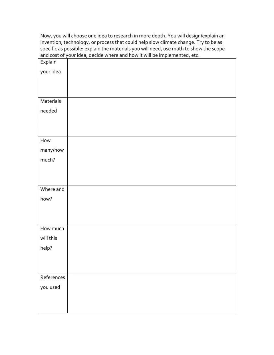 Solution research planner: students explain their idea, materials, amounts, where and how, its impact and references