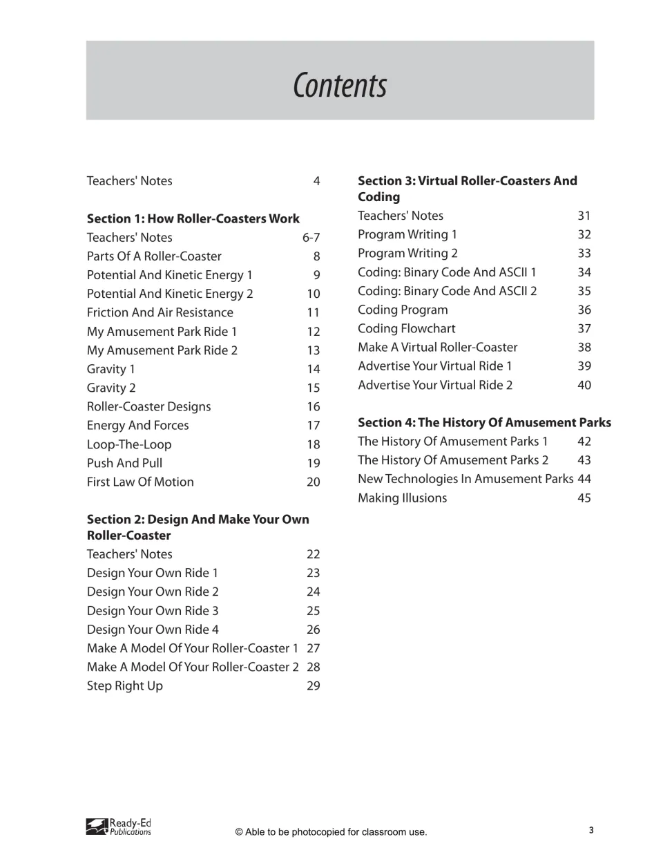 Contents for the four sections: how roller-coasters work, designing a ride, coding, and amusement park history
