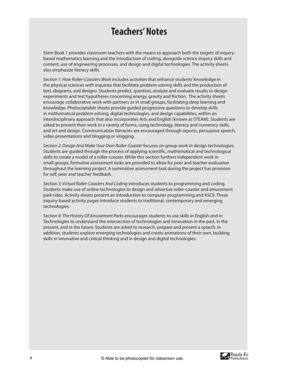 Teachers' notes overview of the four sections, from energy, gravity and friction to coding and park history