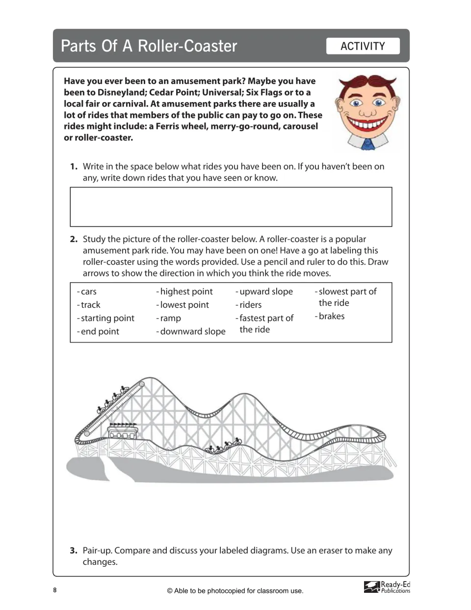 Parts of a Roller-Coaster activity: label a coaster drawing with terms like track, highest point and brakes